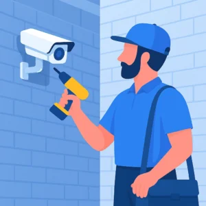 ilustracja pracownika z wiertarką montującego kamerą na ścianie